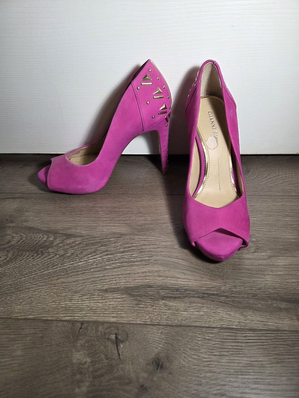 Gianni Bini Fuchsia Suede Peep-Toe Heels with Stud Detail